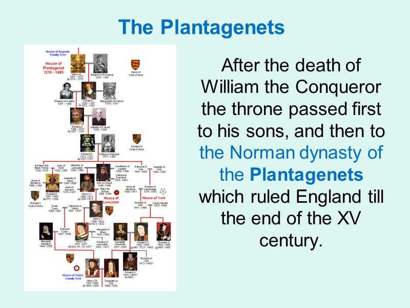 The Plantagenets    After the death of William the Conqueror the throne